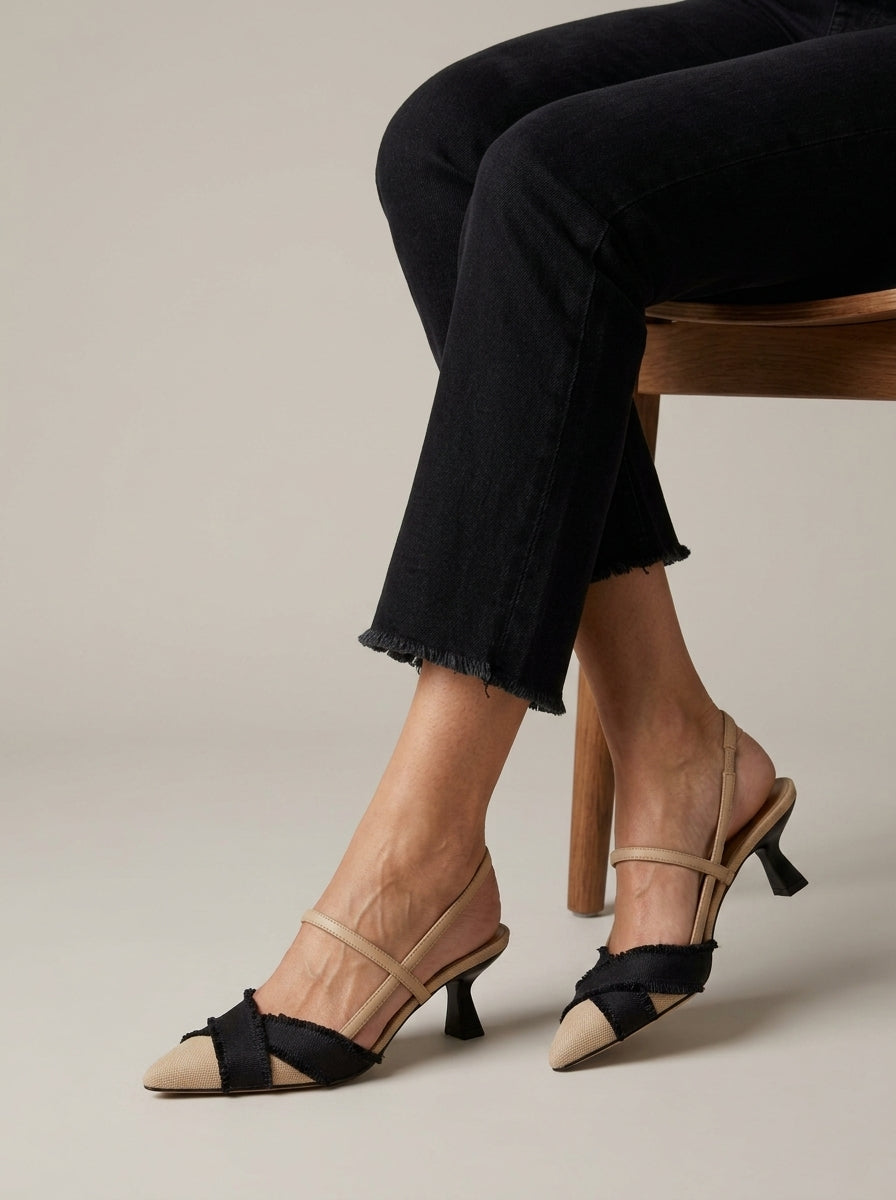 Women's Slingback Heels - Pointed Toe - Kitten Heel - Bow Detail