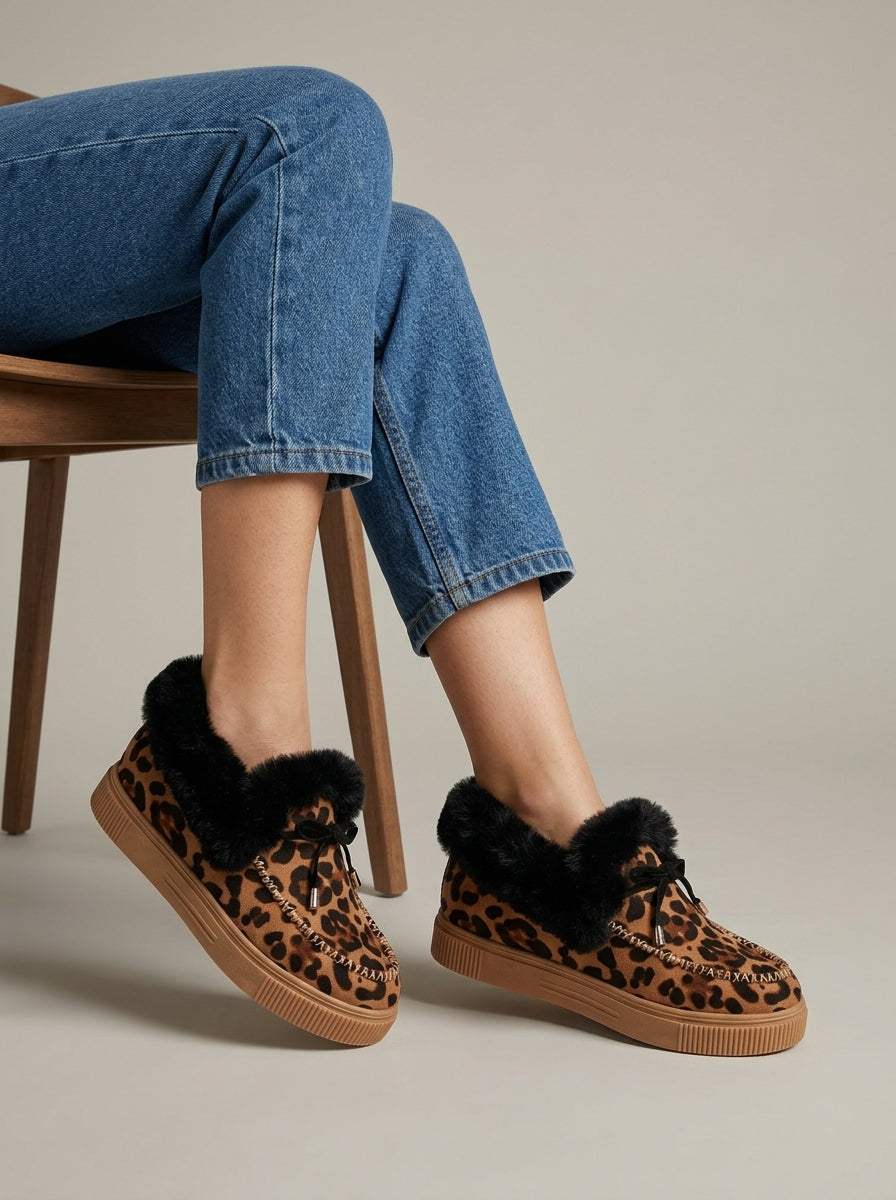 Women's Fur-Trim Platform Moccasins - Round Toe Bow