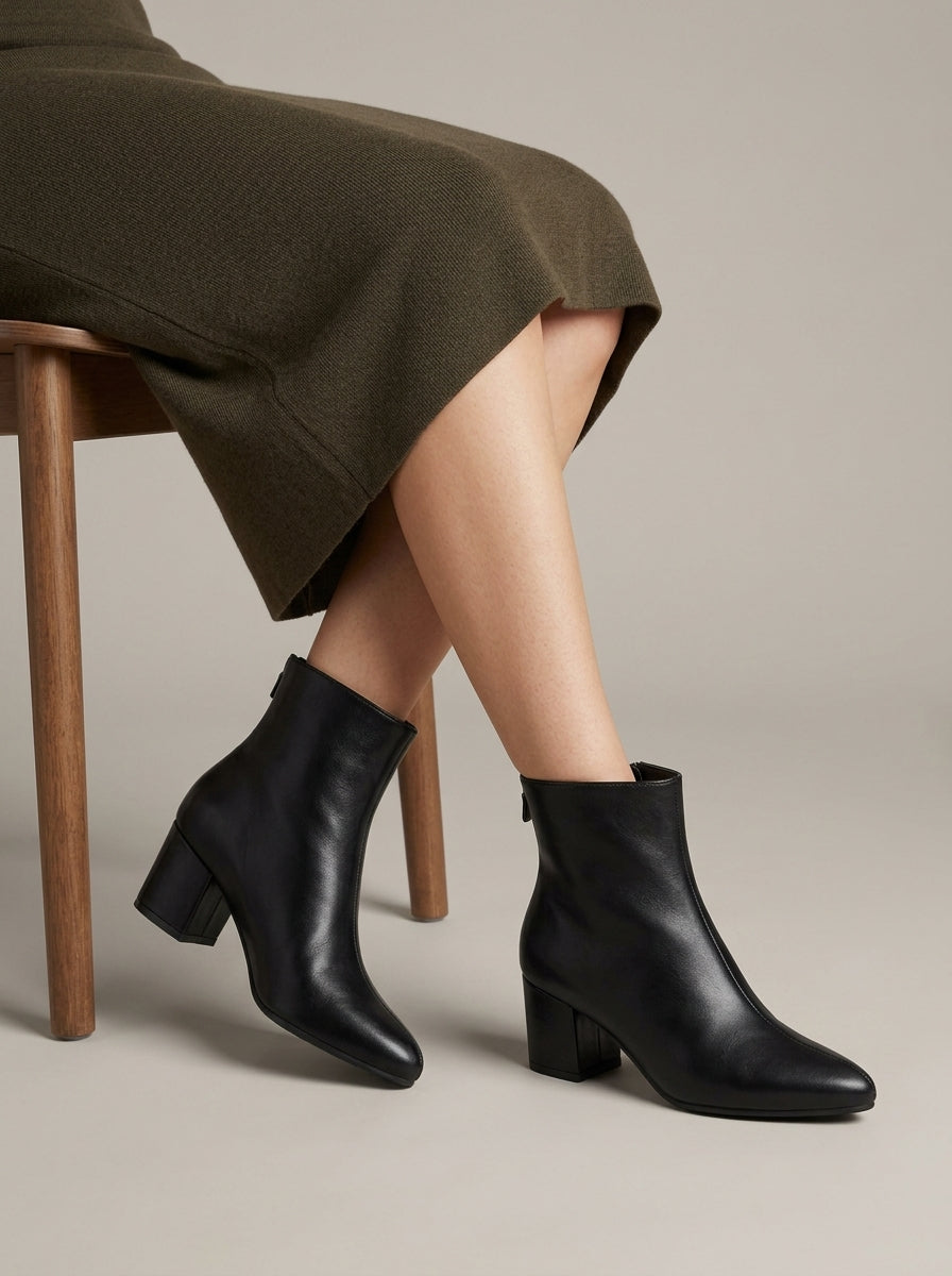 Women's Ankle Boots Pointed Toe Block Heel Side Zip