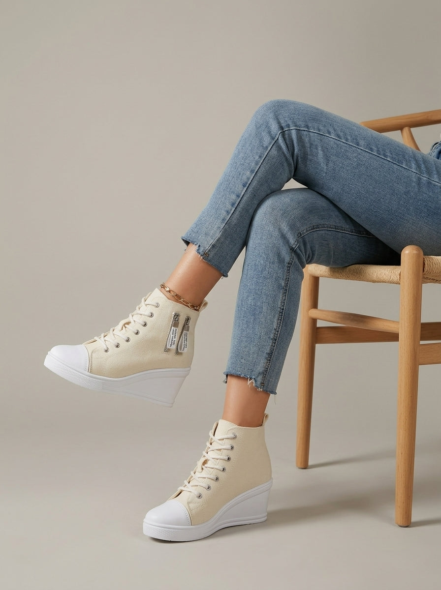 Women's Heeled Canvas Wedge Sneakers - Cap Toe Lace-Up