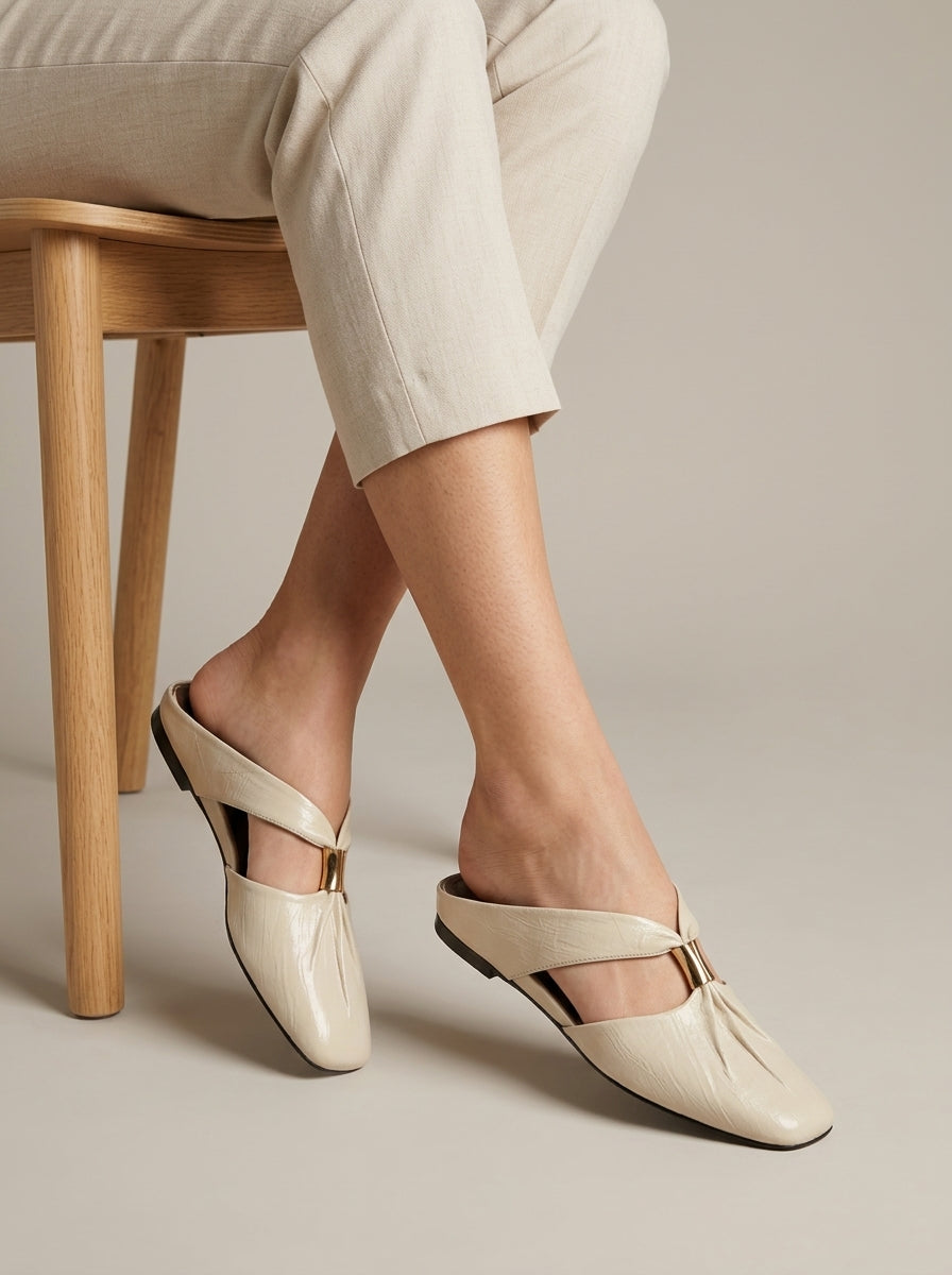 Women's Flats Square Toe Slip-On Mules Metal Bar Detail