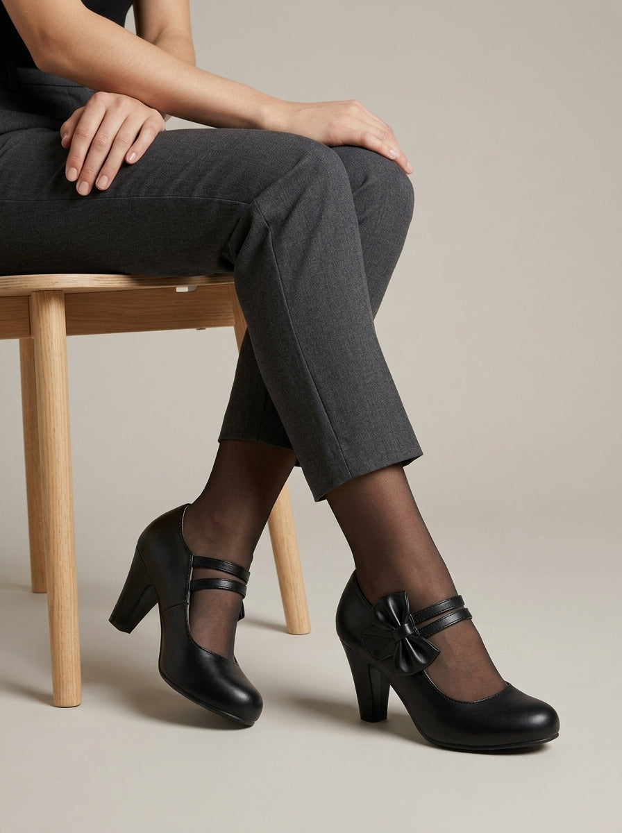 Women's Mary Jane Heels - Round Toe - Block Heel - Bow Detail
