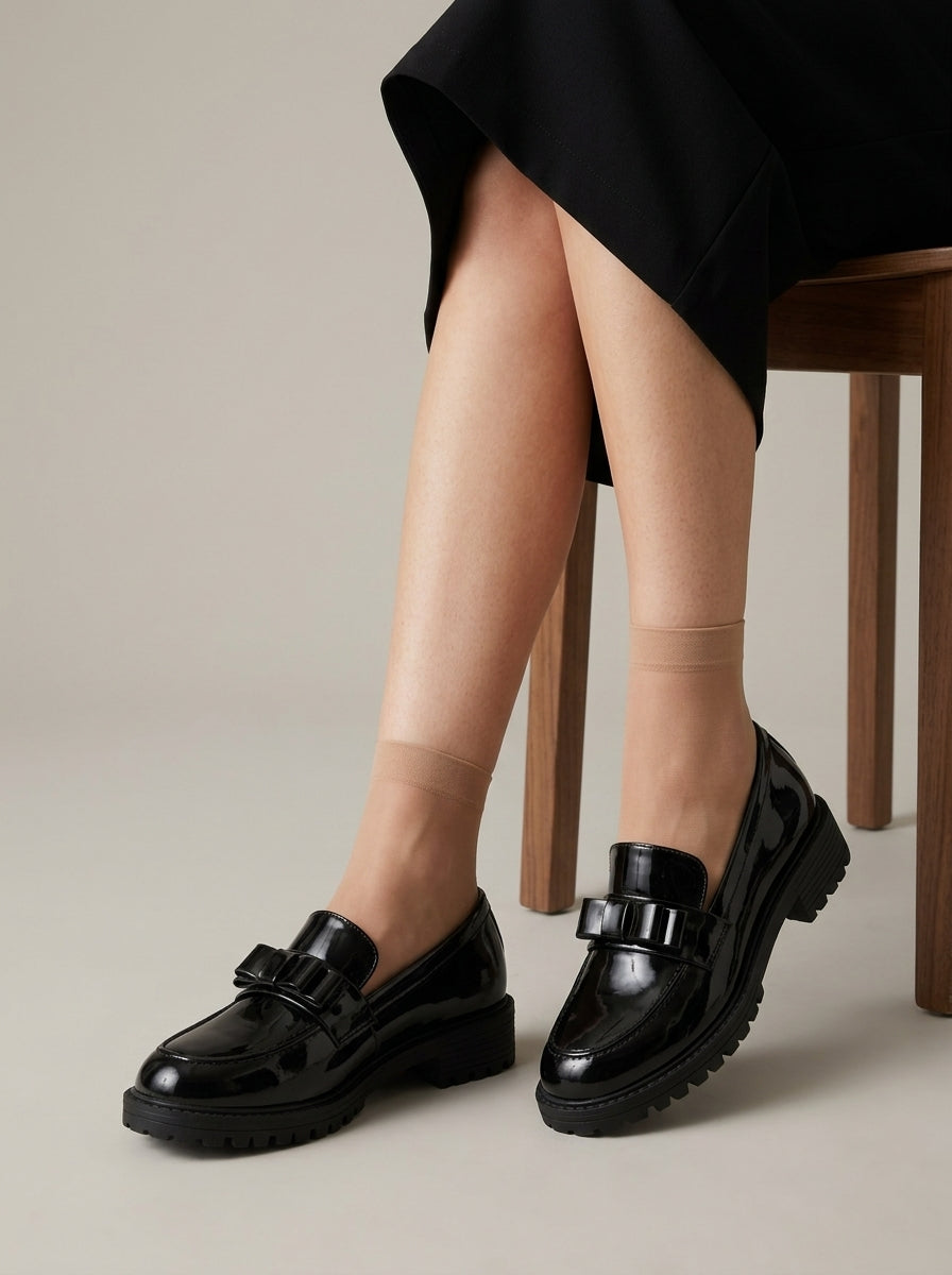 Women's Loafers - Patent Leather - Bow Detail - Chunky Lug Sole