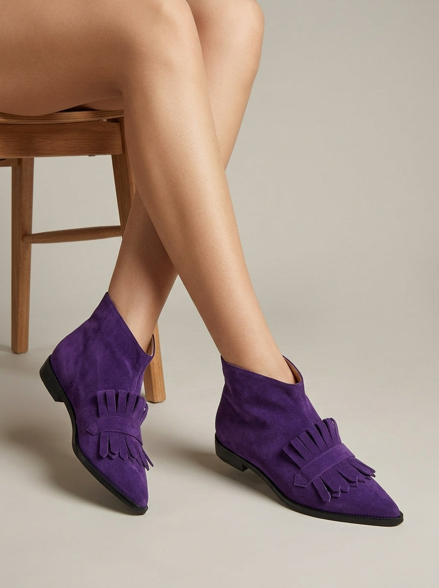 Women's Ankle Boots - Pointed Toe - Fringe Detail - Block Heels