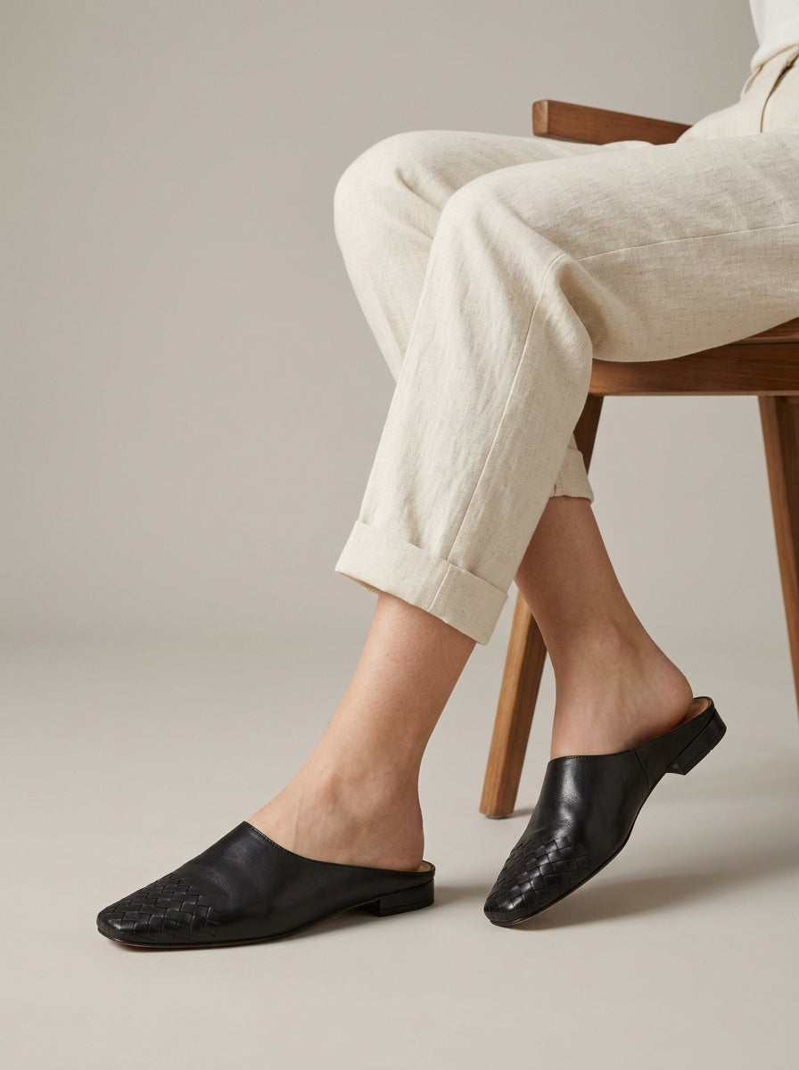 Women's Woven Leather Mules - Square Toe Block Heel