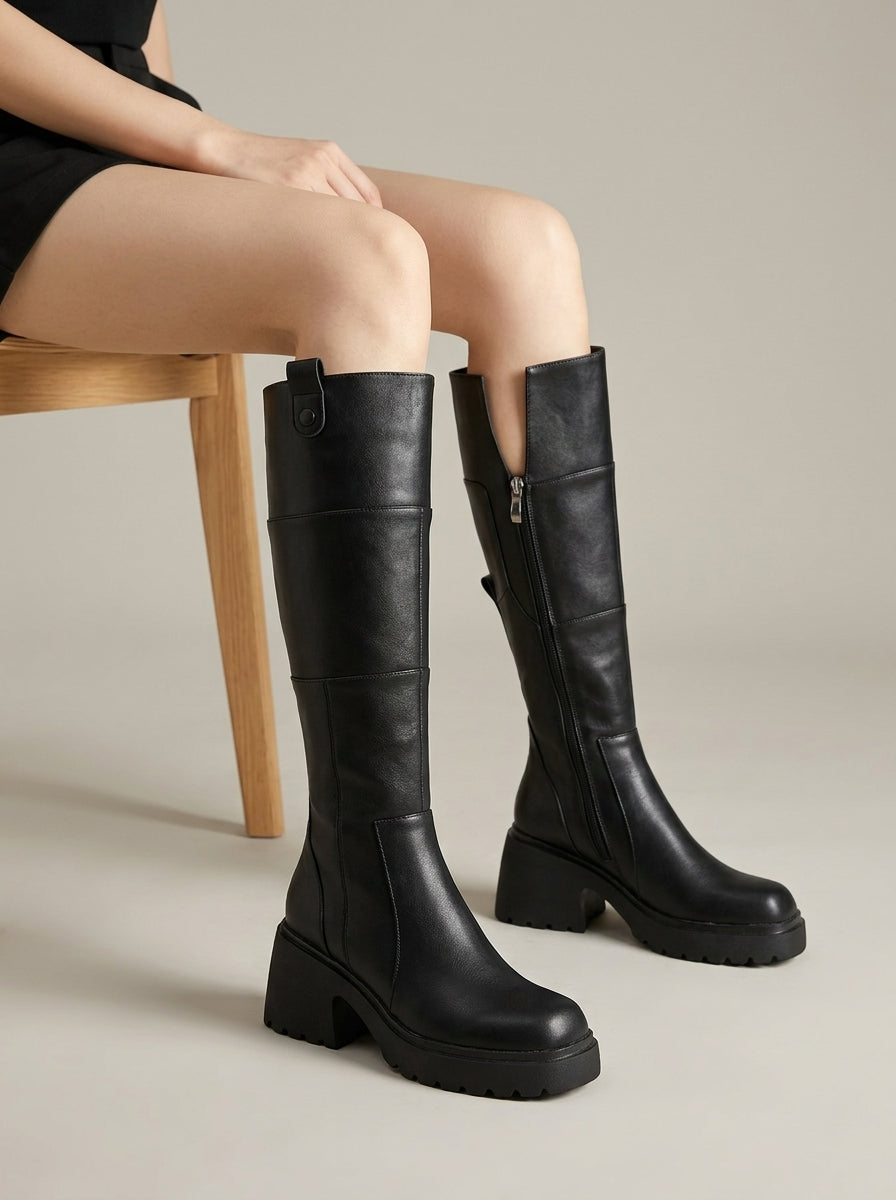 Women's Knee High Boots - Block Heel - Platform - Side Zip