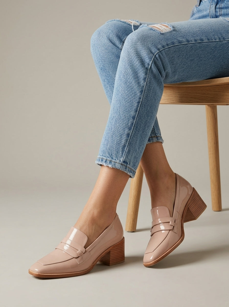 Women's Penny Loafers Slip-On Block Heel Patent Square Toe