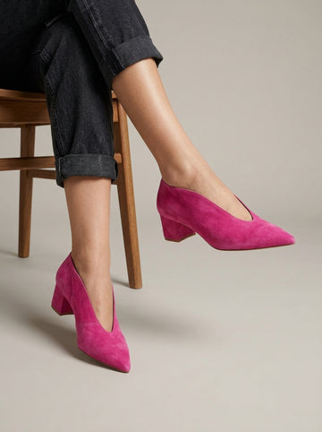 Women's Block Heels - Pointed Toe - Deep V-Cut Vamp - Suede
