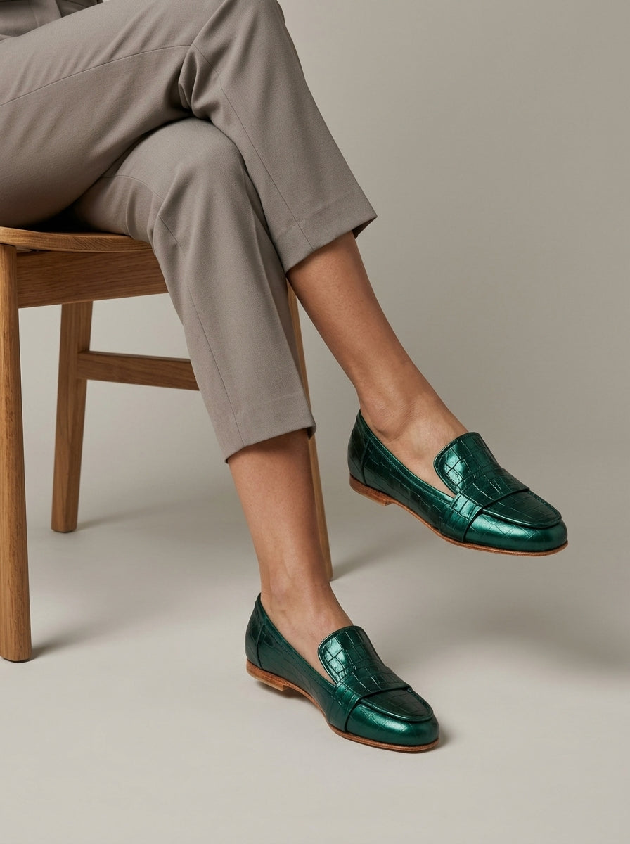 Women's Croc-Effect Penny Loafers - Round Toe