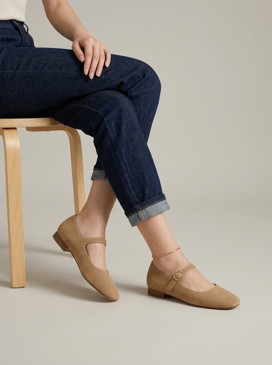 Women's Flats - Mary Jane - Suede - Round Toe - Buckle Strap