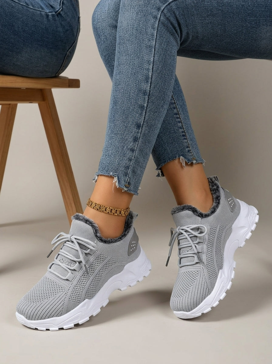Women's Sneakers Mesh Knit Faux Fur Lined Platform Lace-Up