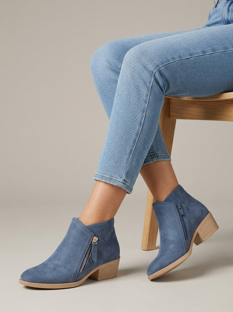 Women's Suede Ankle Boots - Round Toe Block Heel