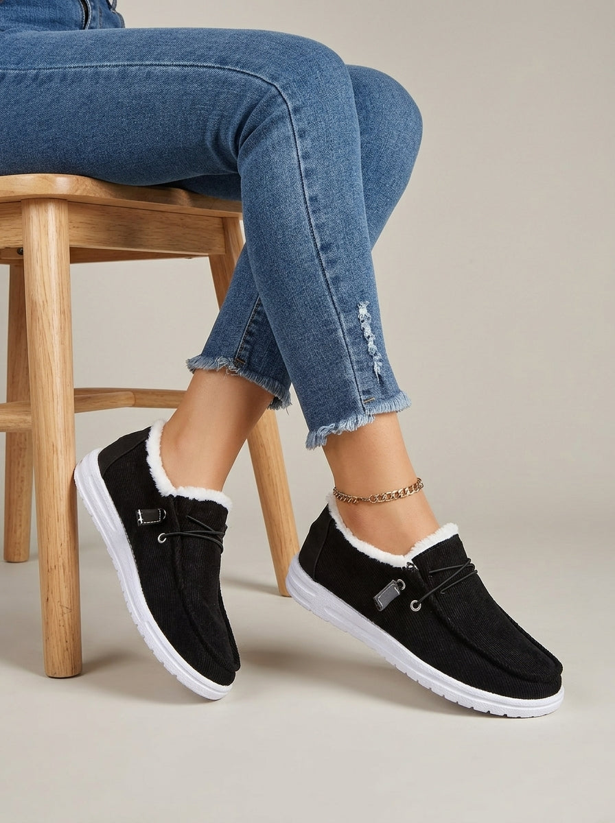 Women's Flats - Faux Fur Lined - Lace-Up Moccasin - Canvas Upper