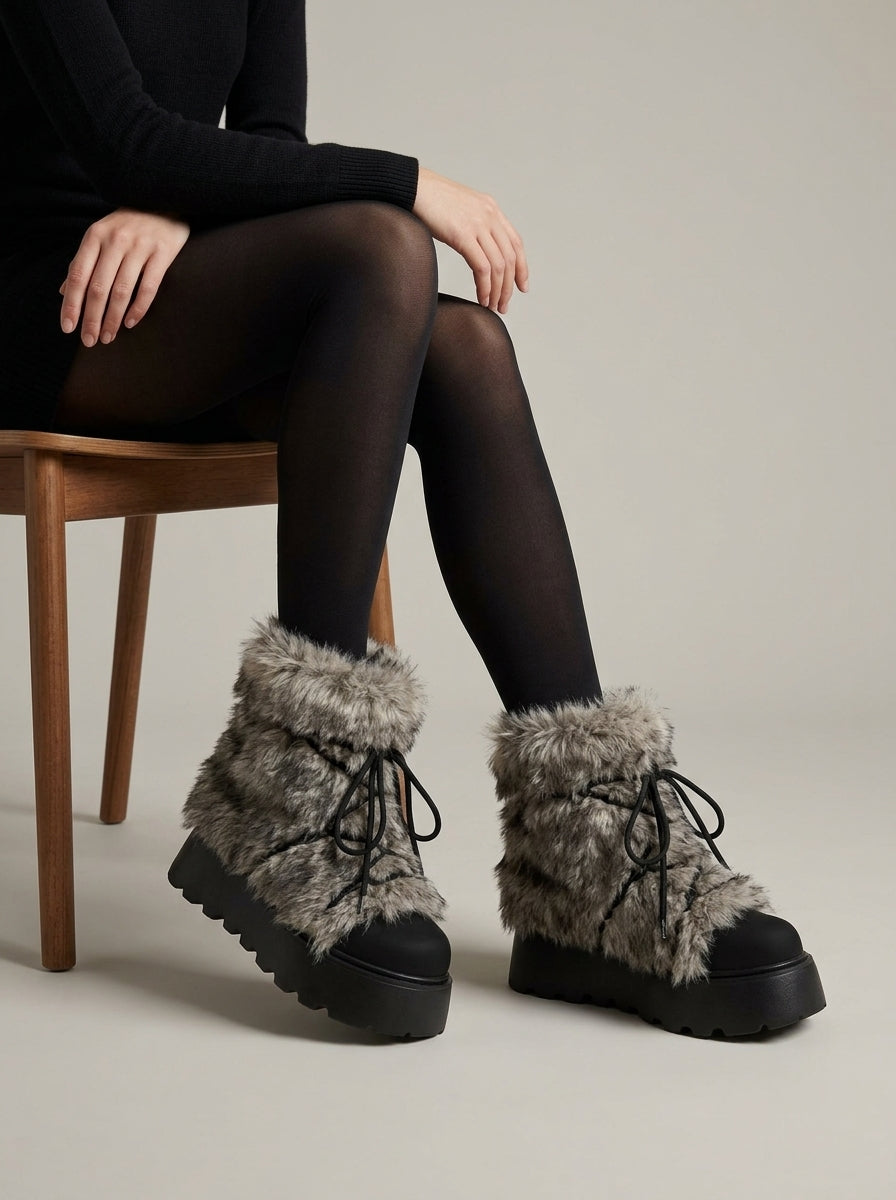 Women's Ankle Boots - Faux Fur Trim - Lace-Up - Platform Sole