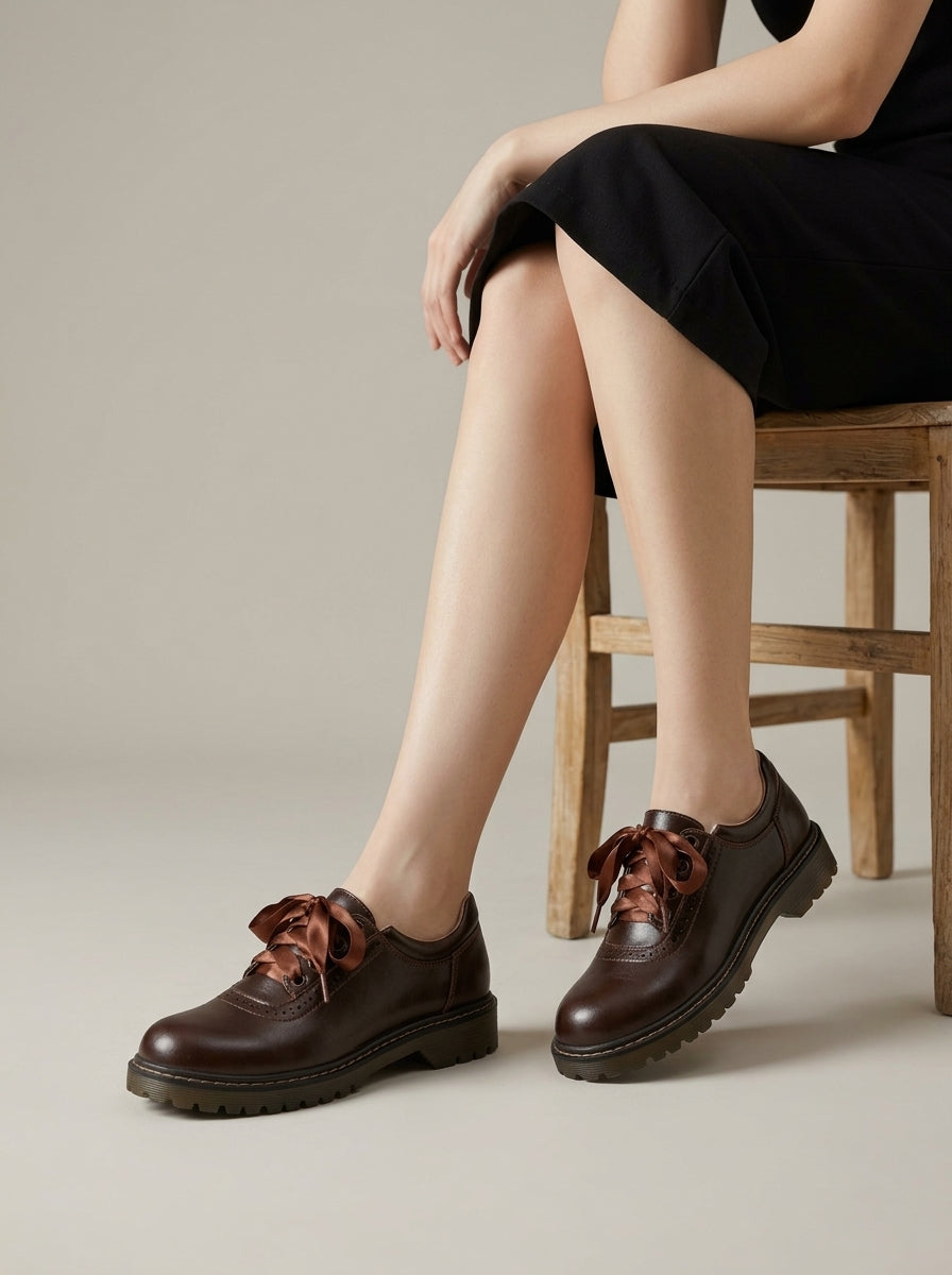 Women's Oxford Shoes - Rounded Toe - Chunky Ridged Sole - Lace-Up