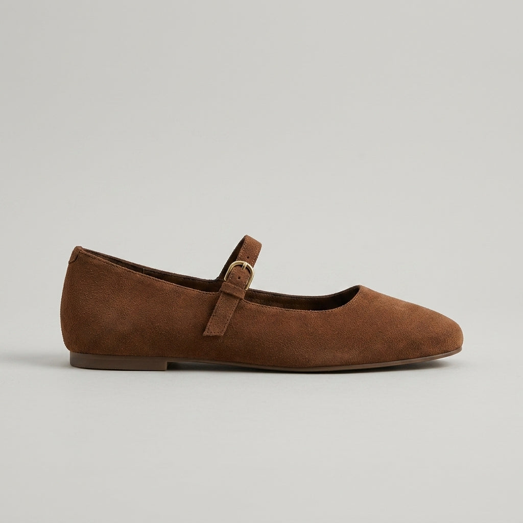 Women's Flats - Mary Jane - Suede - Round Toe - Buckle Strap