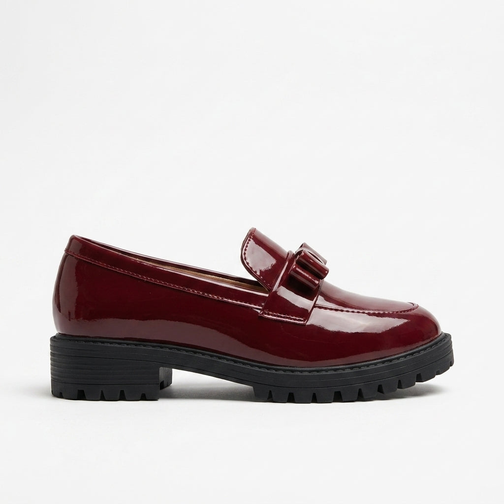 Women's Loafers - Patent Leather - Bow Detail - Chunky Lug Sole