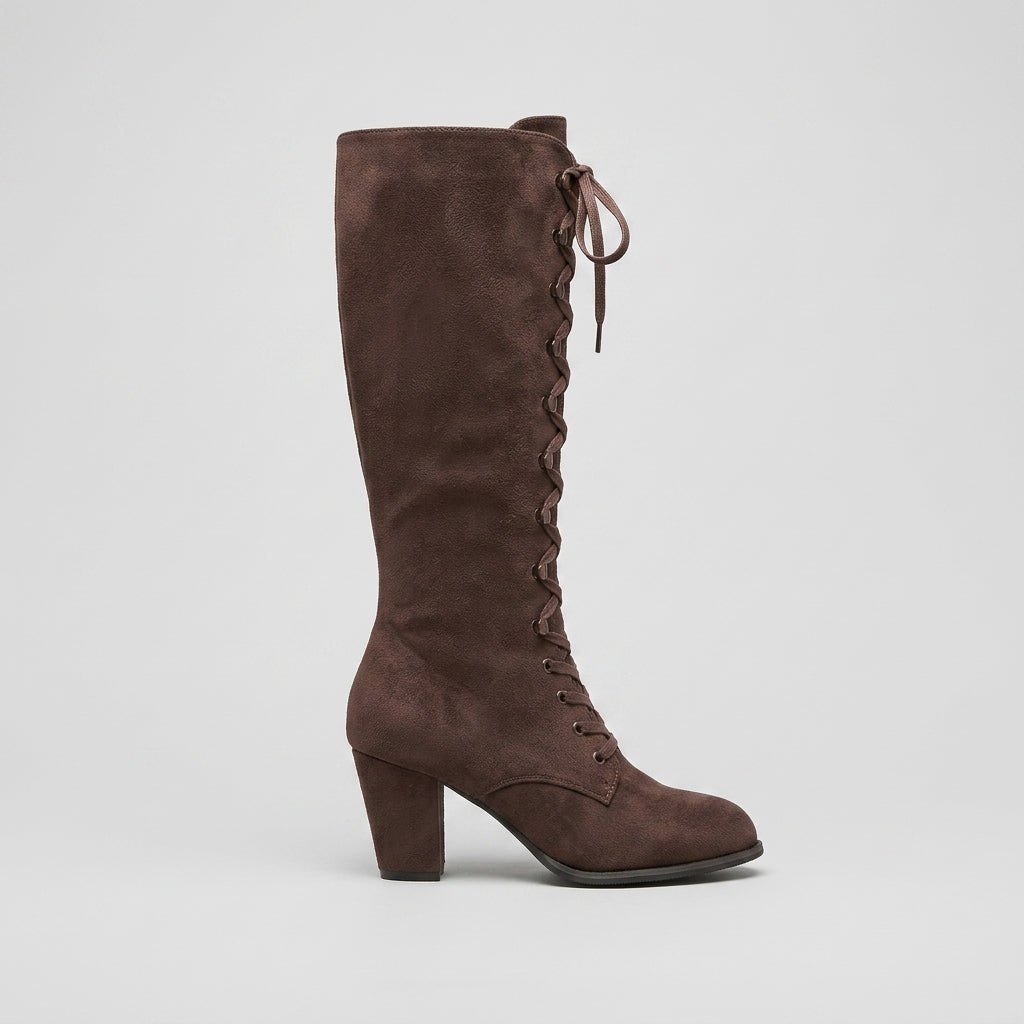 Women's Suede Lace-Up Knee High Boots - Block Heel