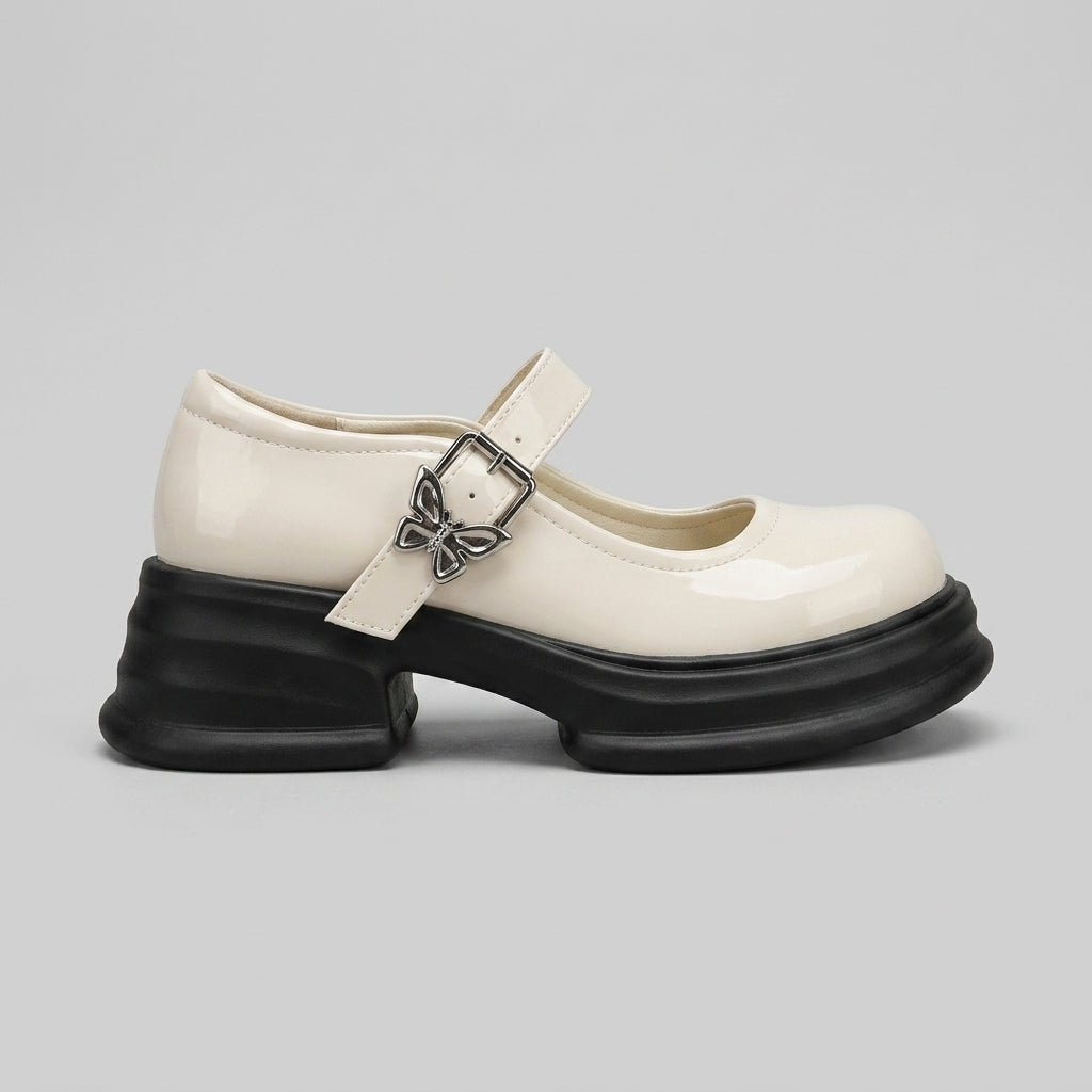 Women's Mary Jane Heels T-Bar Round Toe Platform Butterfly Buckle