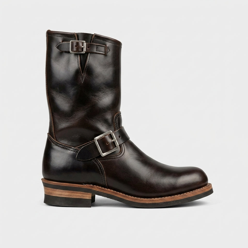 Men's Boots Leather Mid-Calf Double Buckle Round Toe Low Heel