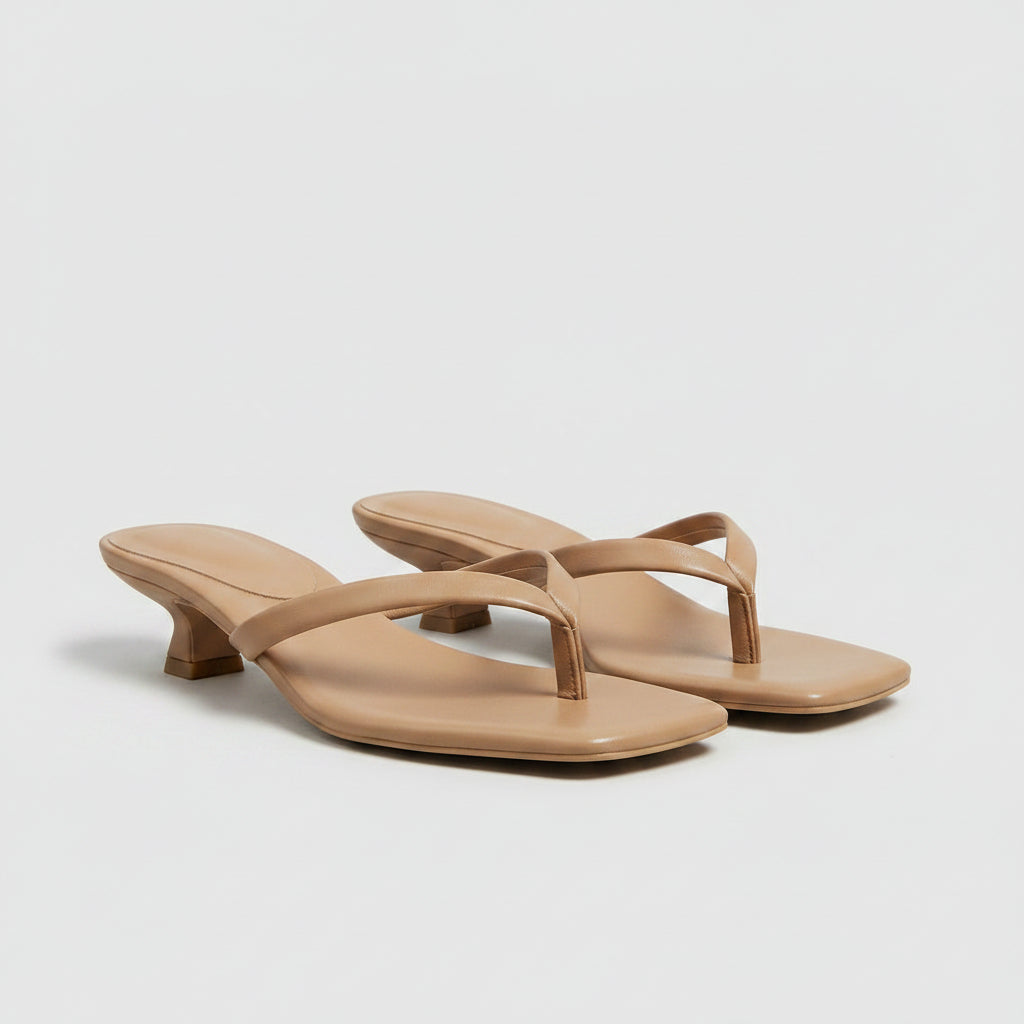 Women's Kitten Heels - Square Toe Thong Strap Slip-On Sandals