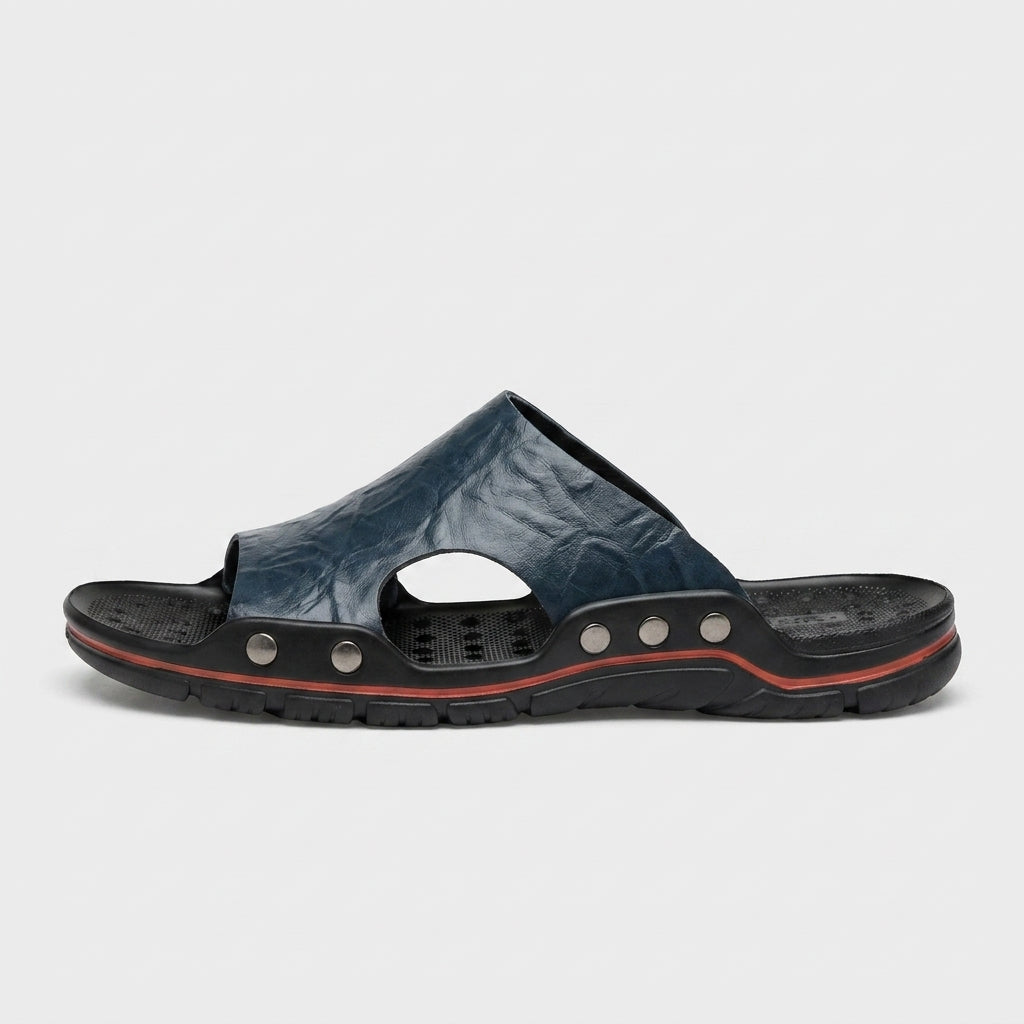 Men's Leather Slide Sandals - Open Toe Studded Sole