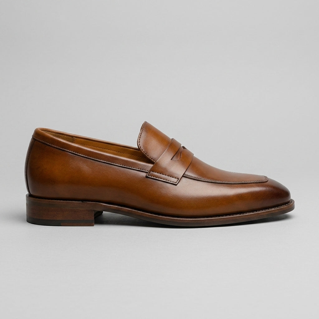 Men's Penny Loafers - Leather - Slip-On - Low Stacked Heel