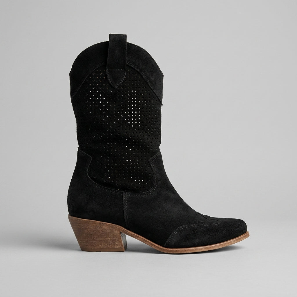 Women's Boots Perforated Mid-Calf Western Block Heel Pull-On