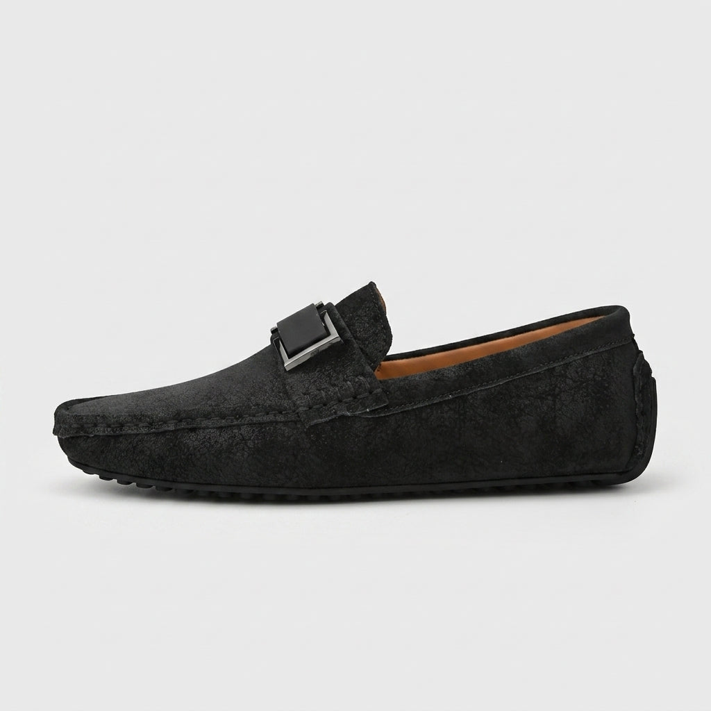 Men's Loafers Slip-On Buckle Detail Textured Suede Ridged Sole