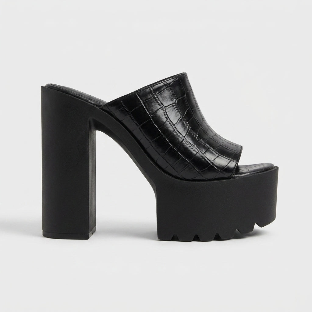 Women's Platform Heels Open-Toe Block Heel Quilted Mules