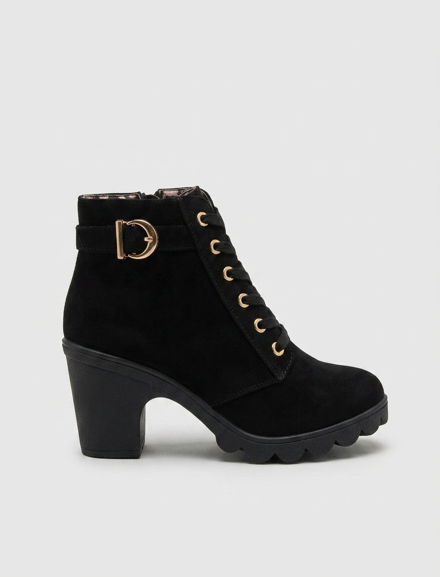 Women's Ankle Boots - Block Heel - Lace-Up - Side Zip - Buckle