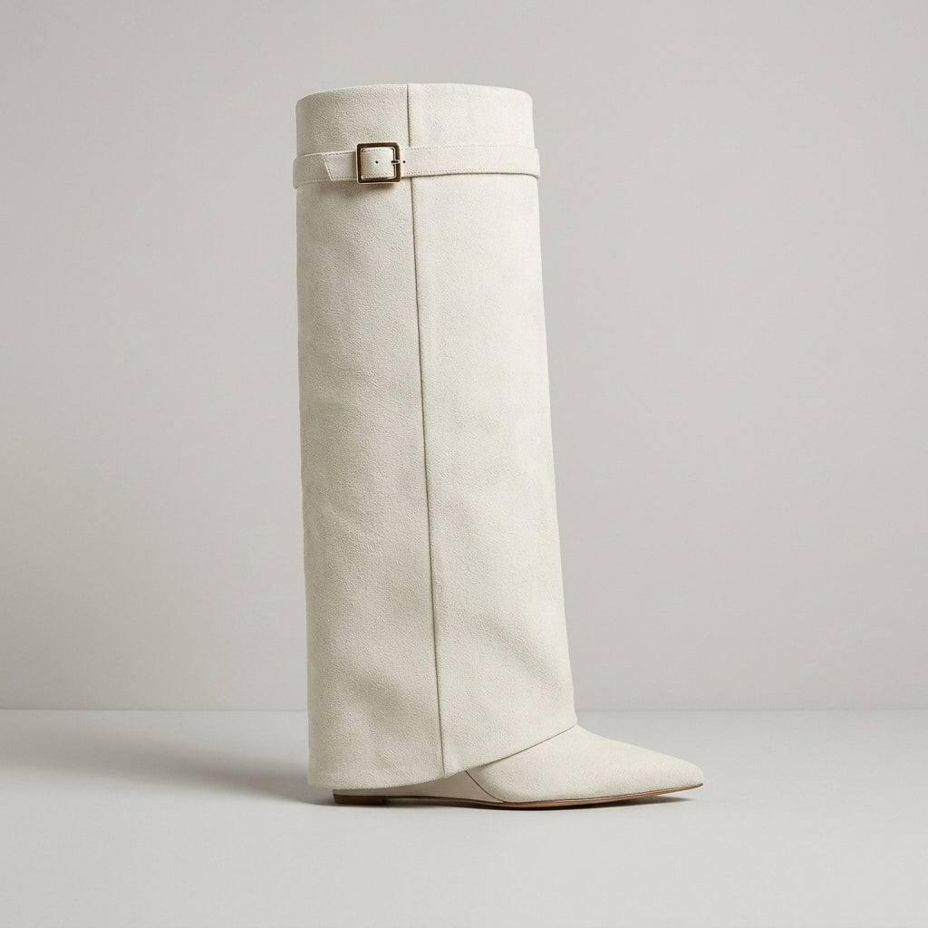 Women's Knee High Boots - Pointed Toe - Block Heel - Gold Buckle