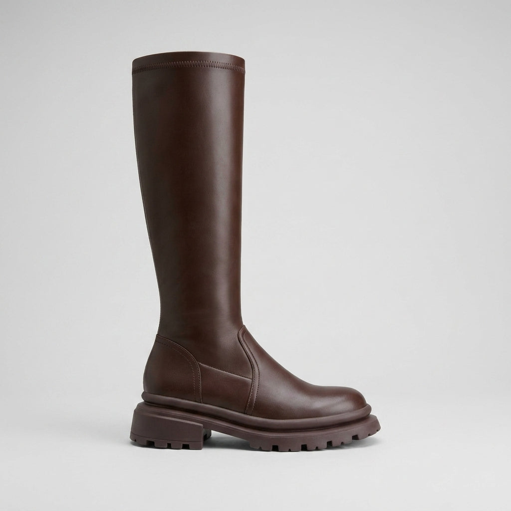 Women's Leather Knee High Boots - Chunky Lug Sole