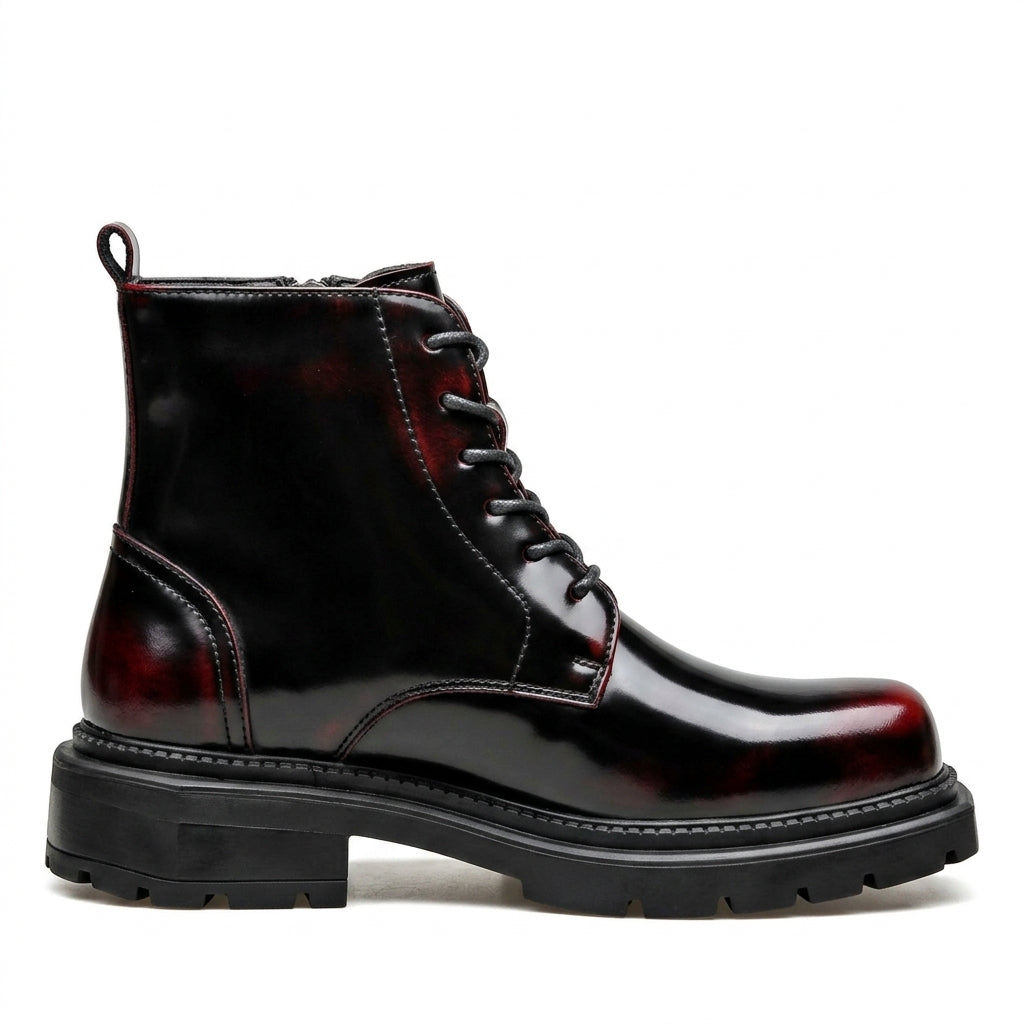 Men's Ankle Boots Lace-Up Glossy Patent Leather Platform Sole