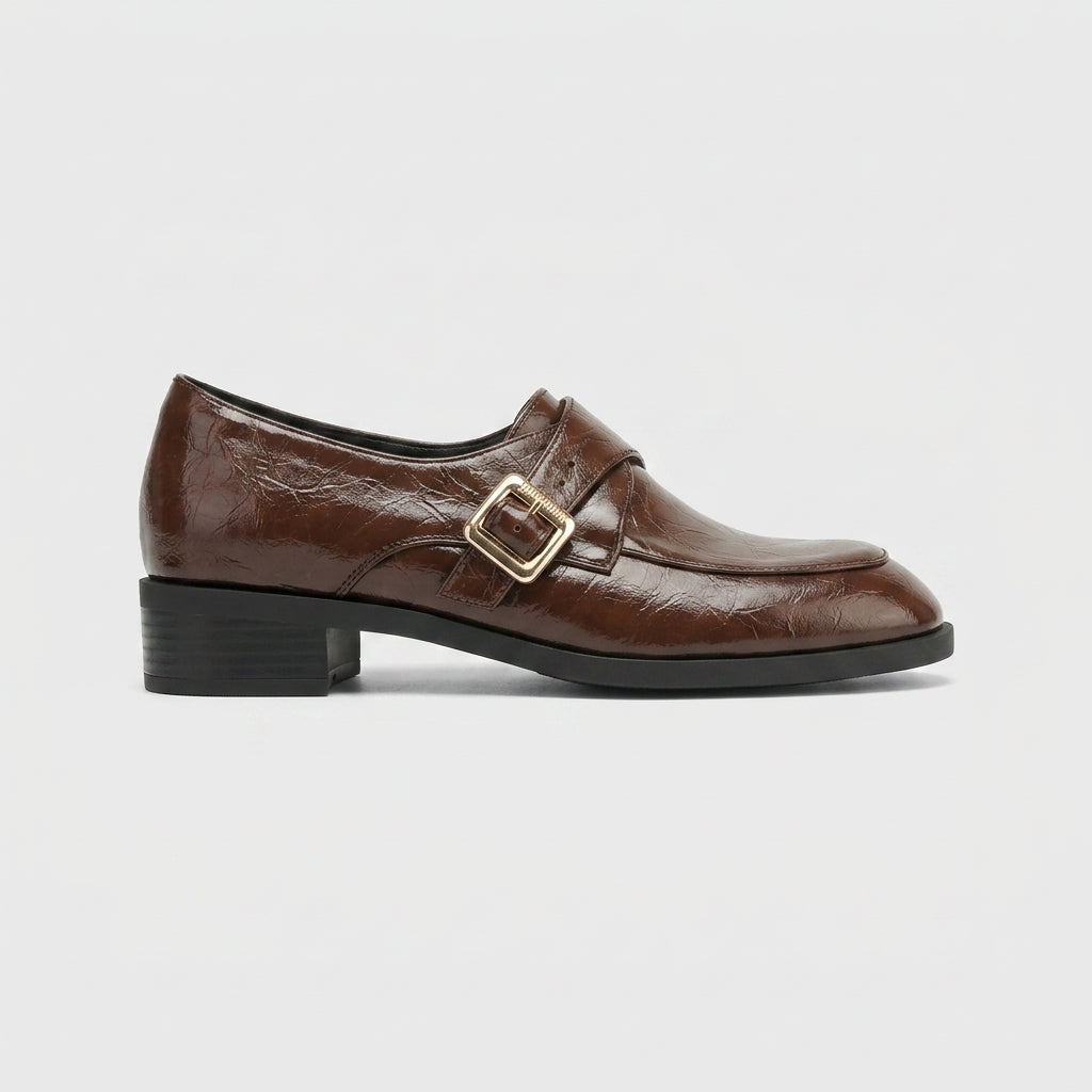 Women's Loafers - Low Block Heel - Buckle Strap - Glossy Finish