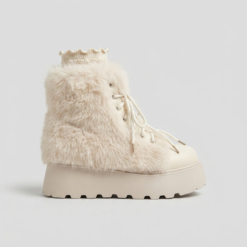 Women's Ankle Boots - Faux Fur Trim - Lace-Up - Platform Sole