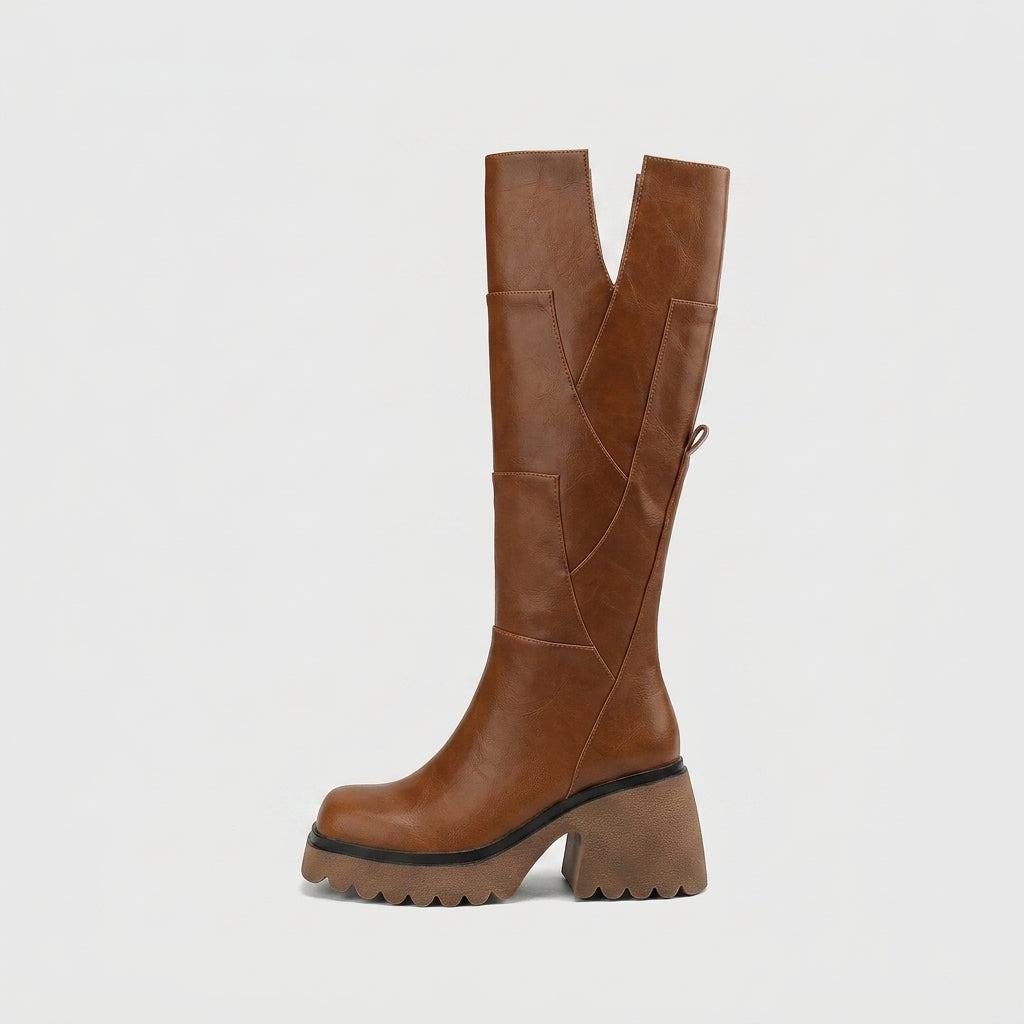 Women's Knee High Boots - Block Heel - Platform - Side Zip