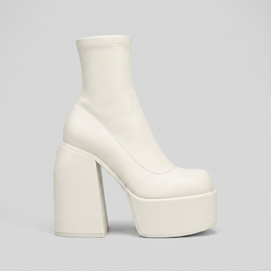 Women's Platform Boots - Ankle - Chunky Block Heel - Sock Fit - Side Zip
