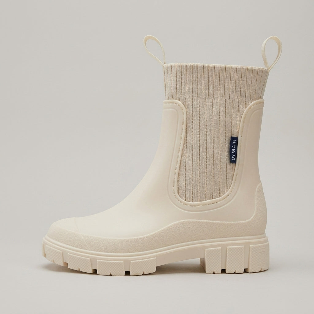 Women's Rain Boots - Round Toe Knit Panel Pull-On
