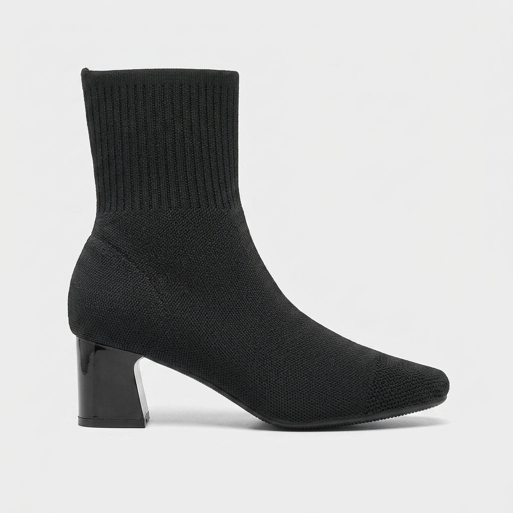 Women's Ankle Knitted Boots - Block Heel - Square Toe