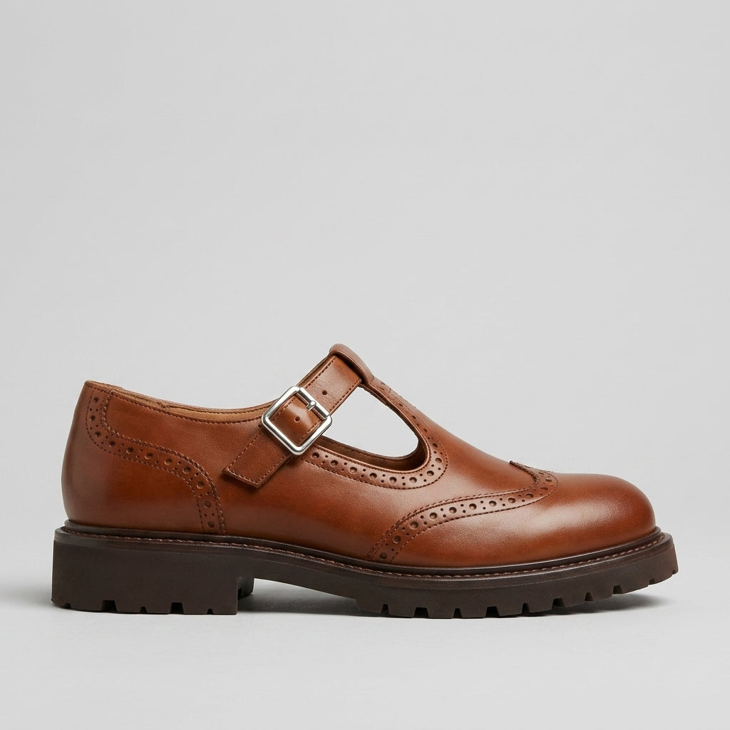 Women's Mary Jane Flats - T-Bar Strap - Brogue Detail - Buckle