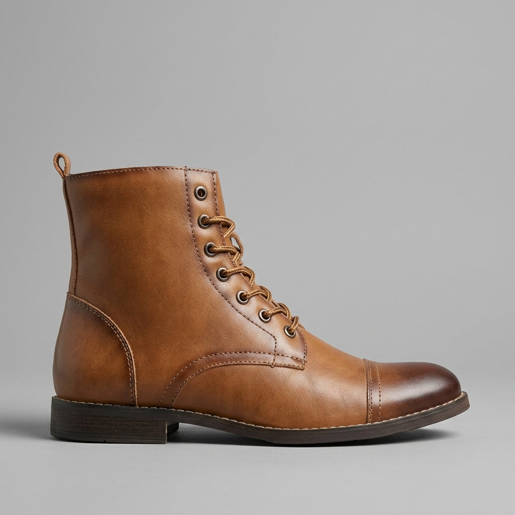 Men's Ankle Boots Lace-Up Cap-Toe Leather Low Block Heel