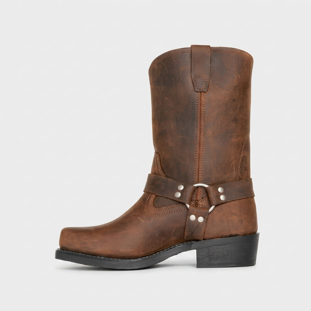 Men's Leather Harness Boots - Square Toe Buckle Strap