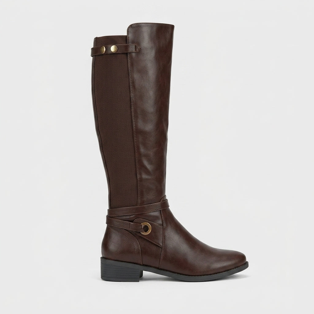 Women's Knee High Boots - Low Block Heel - Side Zip - Ribbed Panel