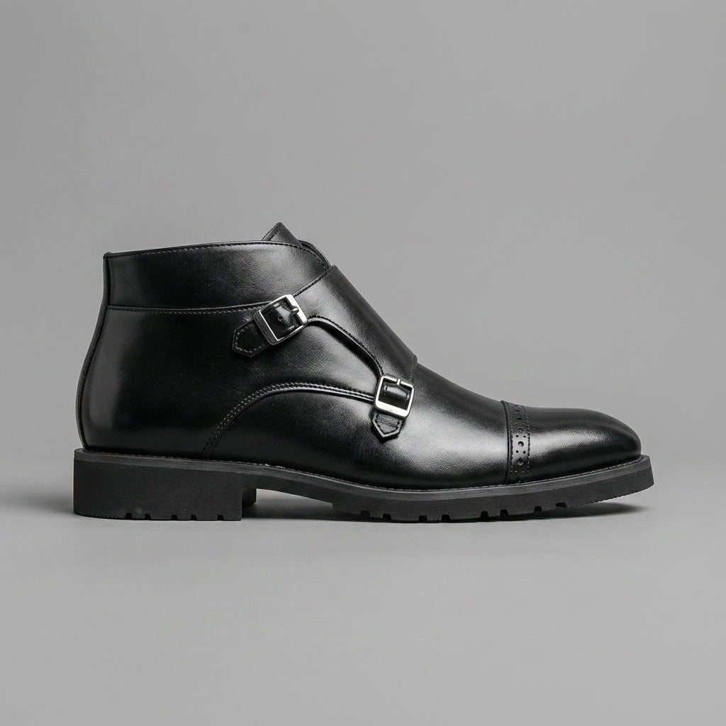 Men's Ankle Boots - Leather Double Monk Strap Cap Toe