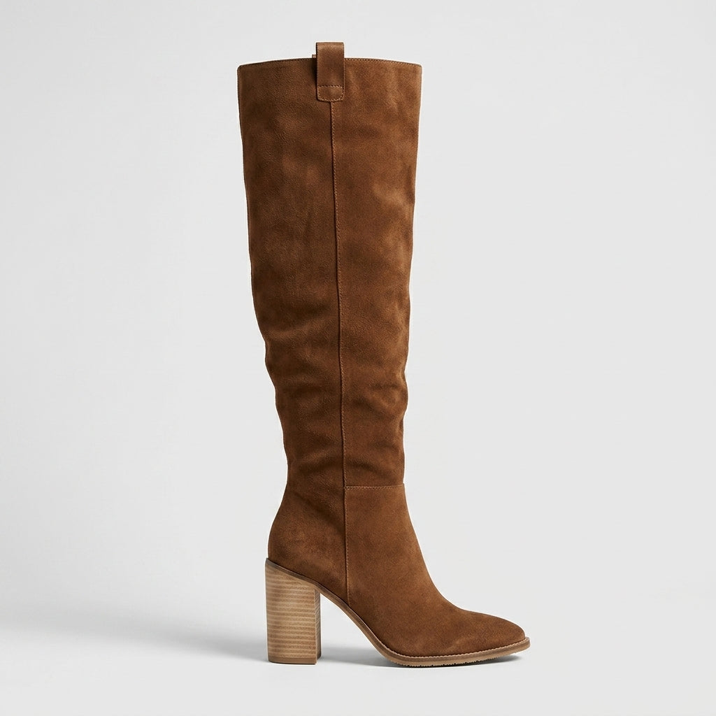Women's Suede Knee High Boots - Pointed Toe Block Heel