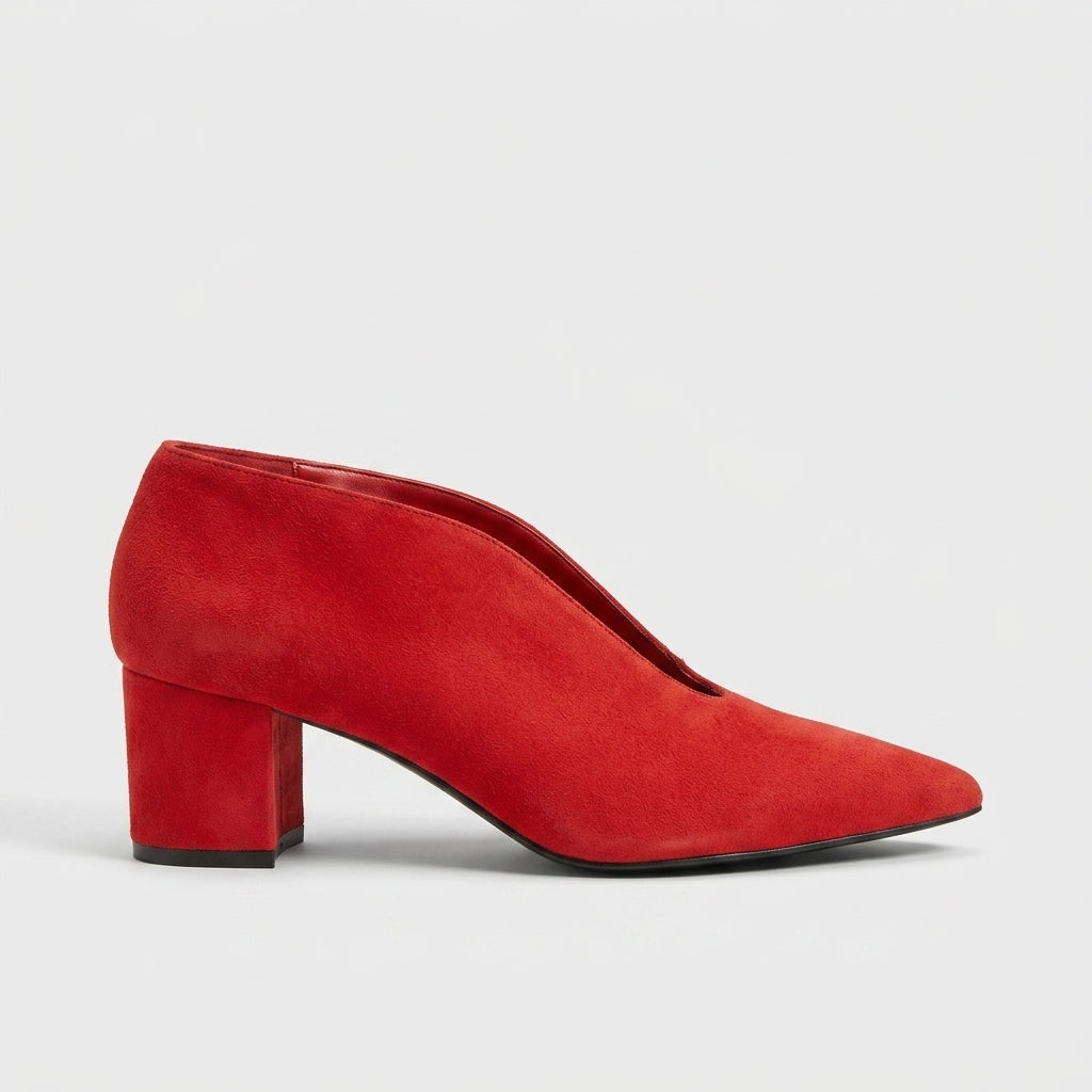 Women's Block Heels - Pointed Toe - Deep V-Cut Vamp - Suede