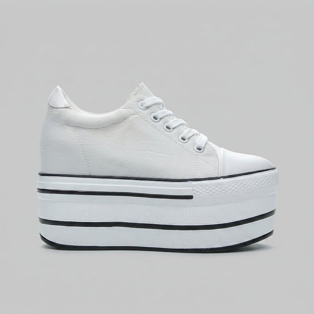 Women's Thick Sole Canvas Platform Sneakers - Round Toe Lace-Up