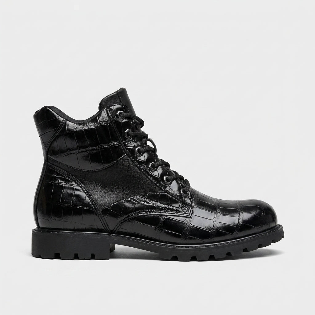 Men's Ankle Boots Lace-Up Croc-Embossed Panel Lugged Sole