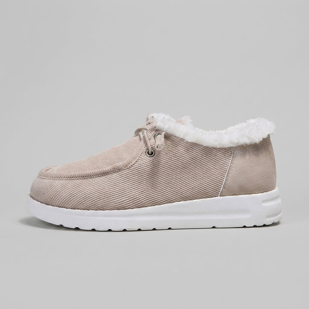 Women's Flats - Faux Fur Lined - Lace-Up Moccasin - Canvas Upper